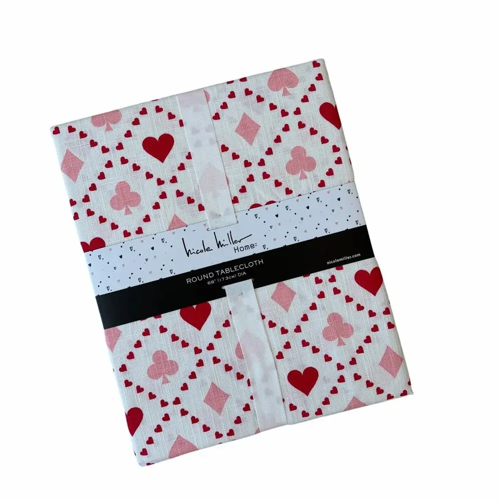 Nicole Miller Queen of Hearts Tablecloth 68in Round Pink Red Valentines Day New